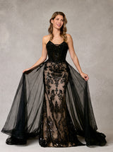 Black nude strapless sequined lace mermaid prom dress with tulle overskirt front