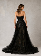 Black nude lace formal evening gown with flowing tulle back view