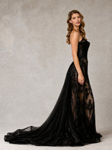Black nude fitted lace evening gown side view with dramatic tulle train