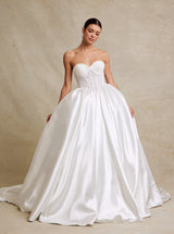 Off white strapless lace corset ball gown wedding dress front view