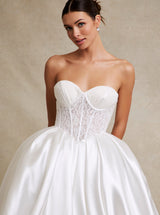 Off white satin ball gown wedding dress side view with train