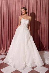 Off-white strapless lace bridal A-line gown front view