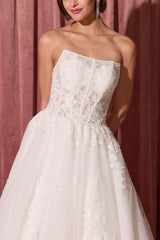 Close-up of off-white lace applique strapless wedding dress bodice
