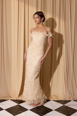 Floral embroidered off shoulder fitted evening gown EK205 detail view 6