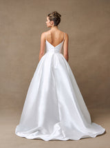 Off-white wedding dress back view without detachable bow showing V-back