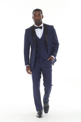 Navy blue three-piece shawl lapel tuxedo view 1