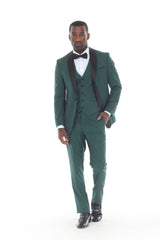 Forest green shawl lapel three-piece tuxedo, view 1