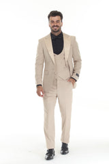 Tan three-piece peak lapel wedding tuxedo front