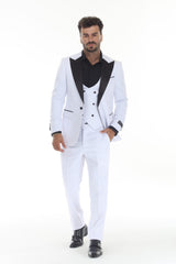 White three-piece black peak lapel wedding tuxedo front