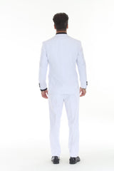 White three-piece black peak lapel wedding tuxedo back