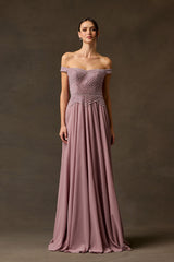 Mauve beaded off shoulder sweetheart evening gown without cape