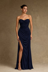 Navy blue strapless sweetheart ruched evening gown front view with slit