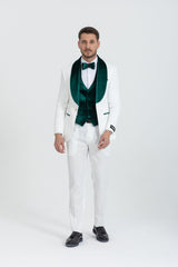 White tuxedo with emerald green velvet shawl lapel view 1