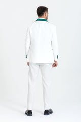 White tuxedo with emerald green velvet shawl lapel view 2