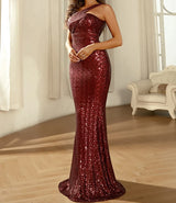 New Red Wine Sequin One Shoulder Sleeveless Prom & Evening Gown
