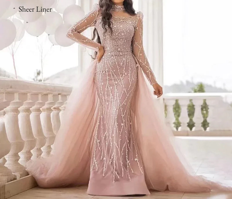 Luxury Elegant Custom Mermaid sheer Sleeves High Neck hand Beaded Evening Dress