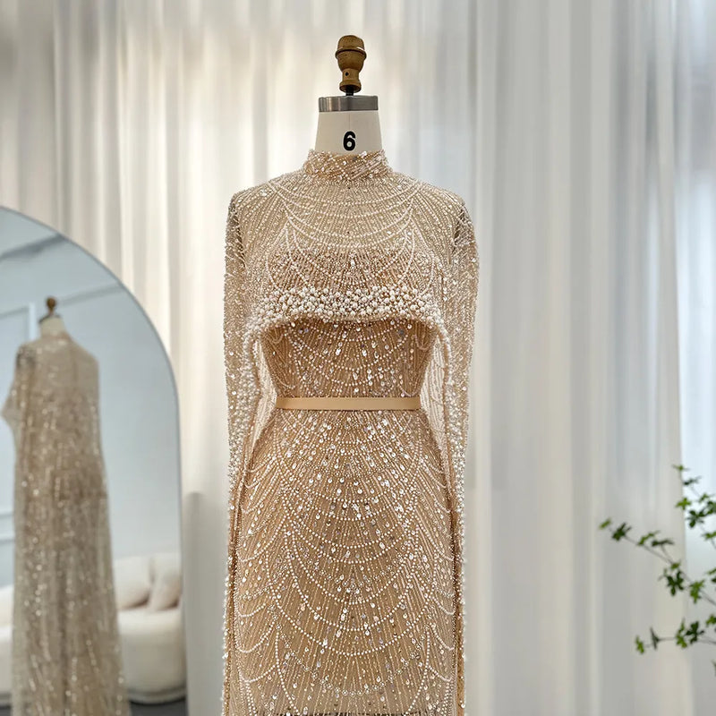 Luxury Evening Dress With cape and Han beaded pearls