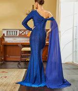Sexy Glitter Blue One shoulder Evening Prom Bridesmaid Dress with Split and cape