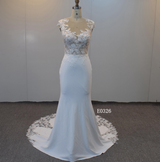 Sheer Lace Mermaid Wedding Dress with Cap Sleeves & Chapel Train – Style E0326