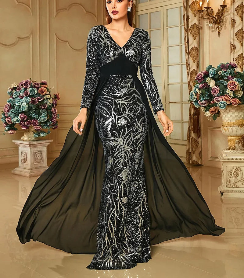 Elegant Black Evening Dress - Women's Long Sleeve V Neck Sequin Bodyco Sandra's Bridal Collection Elegant Black Evening Dress - Women's Long Sleeve V Neck Sequin Bodyco Sandra's Bridal Collection
