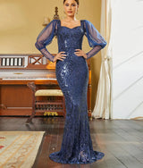 Elegant Navy Blue Long sleeve Bodycon sweetheart neckline sequins Evening Dress