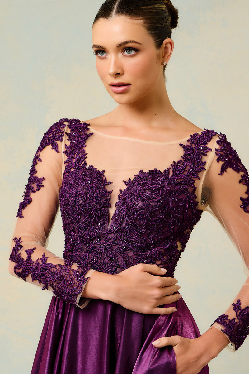 long sleeve prom dress with pockets Long Sleeve Lace Ball Gown Prom Dress 2026 – Illusion Sleeve Formal Dress with Pockets