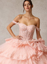 Off-the-Shoulder Layered Tulle Quinceañera Ball Gown with Embroidery & Hot Fix Details – Style SIEWF11448