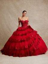 Off-the-Shoulder Layered Tulle Quinceañera Ball Gown with Embroidery & Hot Fix Details – Style SIEWF11448