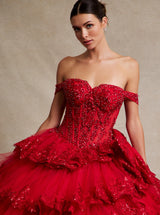 Off-the-Shoulder Layered Tulle Quinceañera Ball Gown with Embroidery & Hot Fix Details – Style SIEWF11448