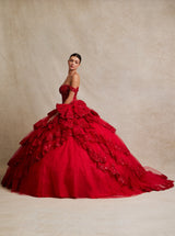 Off-the-Shoulder Layered Tulle Quinceañera Ball Gown with Embroidery & Hot Fix Details – Style SIEWF11448
