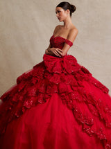 Off-the-Shoulder Layered Tulle Quinceañera Ball Gown with Embroidery & Hot Fix Details – Style SIEWF11448