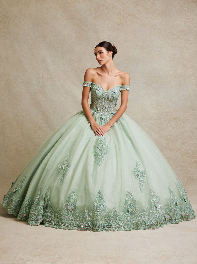 Luxury Sage Green Ball Gown Prom Dress with Lace Appliqué & Corset Back – Designer Quinceañera & Formal Dress 2026 #SIWF2813