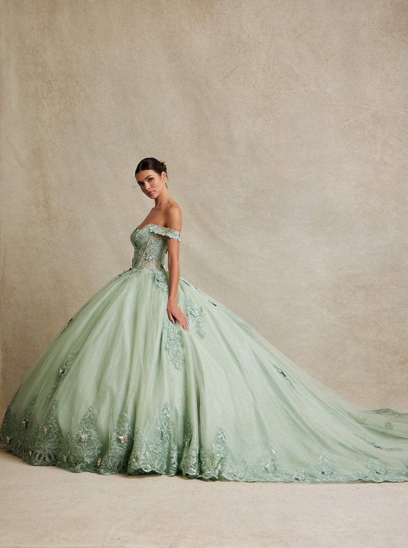 sage green designer dress Glitter-Tulle Long Sage Green Prom Dress