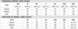 Wedding dress sizing guide in inches: XS to 3XL bust waist hip; mother of bride sizing M to 4XL