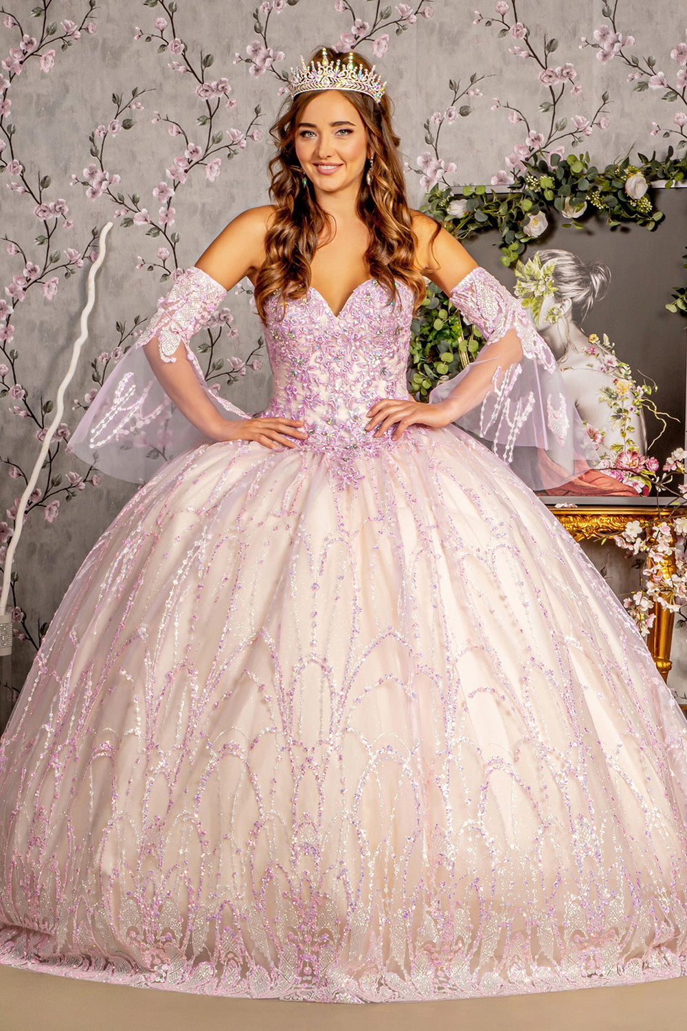 white christmas dresses Quinceanera Jewel Sequin Mesh Ball Gown w/ Detachable Long Sleeves M / LAC/CHAMPAGNE