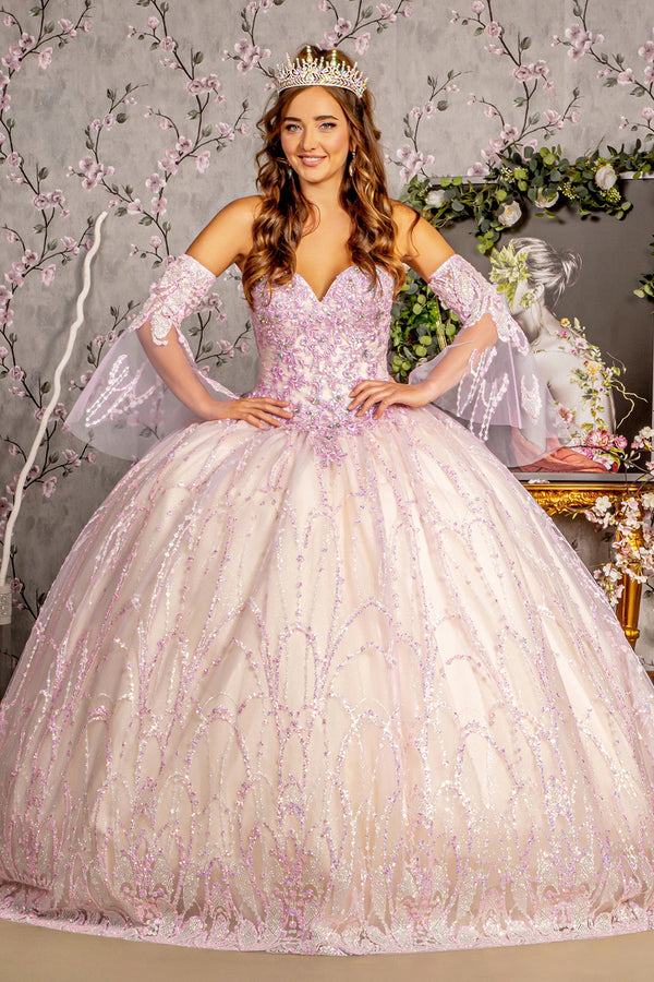 Quinceanera Jewel Sequin Mesh Ball Gown w/ Detachable Long Sleeves