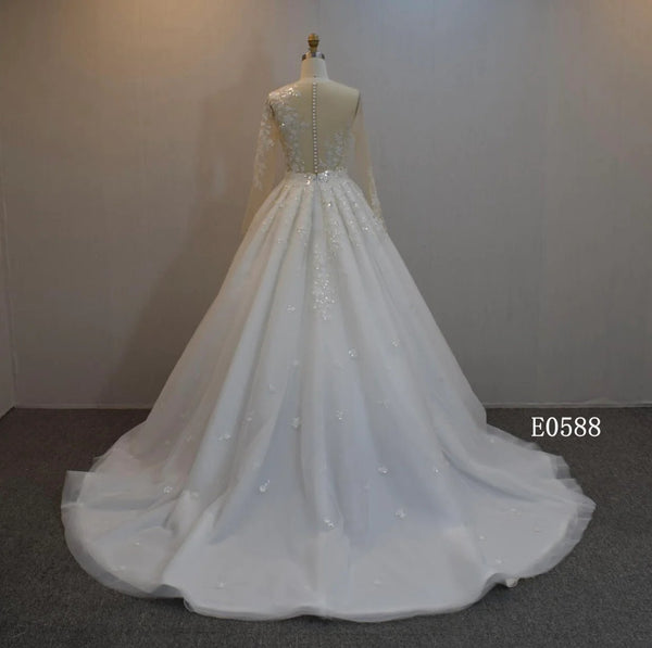 Beautiful Modern Ball Gown Illusion sleeve Wedding Dress (model -E0588)