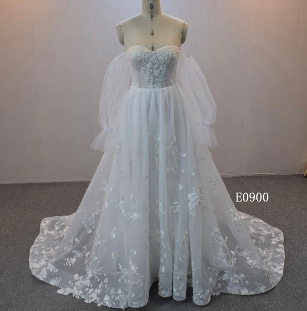 Beautiful Boho A Line with Detachable Long Sleeve Wedding Dress with sweetheart neck