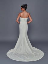 Satin sheath bridal gown with court train back view