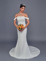 Minimalist off shoulder crepe sheath wedding dress front view