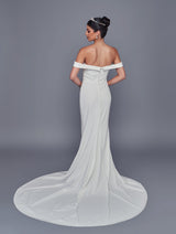 Off shoulder off white crepe wedding dress court train back view