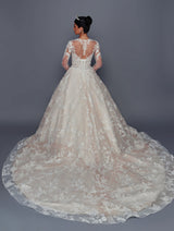 Back of lace ball gown wedding dress with chapel train