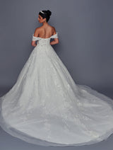 Back view bridal lace ball gown with chapel train