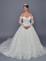 Front of off shoulder long sleeve ball gown wedding dress