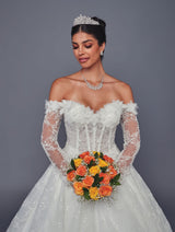 Closeup sweetheart bridal gown with 3D flowers and long lace sleeves