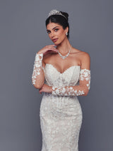 Close up beaded lace sweetheart wedding dress with lace sleeves