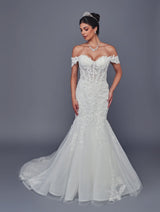 Off shoulder mermaid wedding dress with floral lace front view
