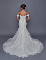 Lace up back of floral mermaid wedding dress with court train