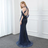 New 2022 Luxury Navy Blue Long Hand Beaded Evening Gown with Slit (limited supply)