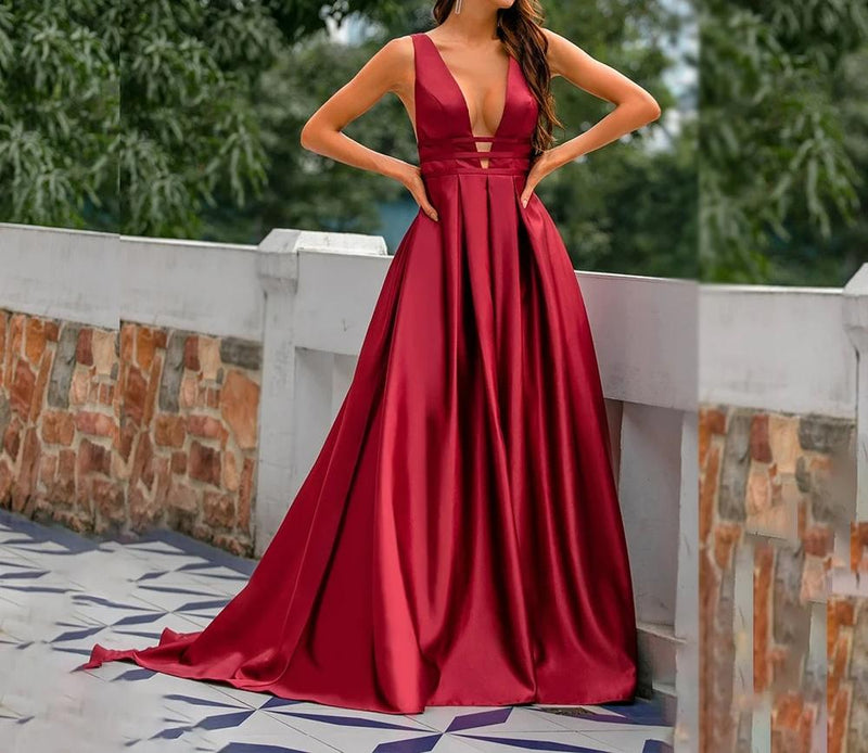 Sexy Red Evening Dresses V Neck Backless Satin Long Elegant Evening Gown